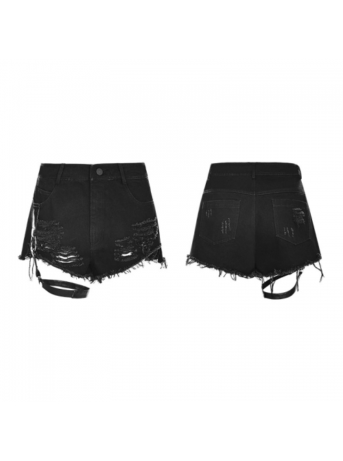 Steam Punk Casual Female Ripped Binding Black Shorts