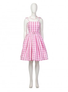 Movie Barbie Pink Plaid Dress Halloween Cosplay Costume Set Without Petticoat