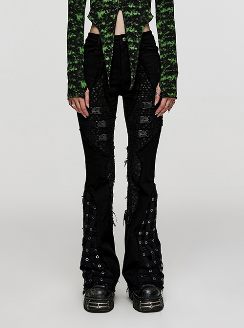 Personalized Black Elastic Taped Patchwork Mesh Side Webbing With Metal Eyelet Decoration Punk Style Slightly Flared Trousers