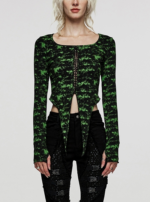 Black And Green Elastic Knitted Atmospheric Square Collar Irregular Spiked Hem Punk Style Daily Hollow T-Shirt