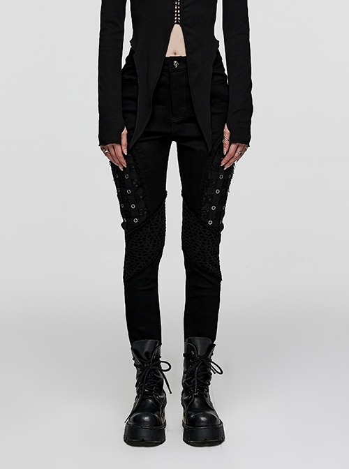 Personalized Black Stretch Twill Taped Patchwork Mesh Metal Eyelet Webbing Decoration Punk Style Slim Trousers