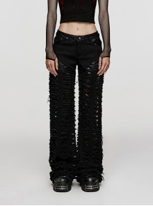 Black Holed Twill Embossed Paneled Mesh Mesh Front And Rear Pockets With Flared Punk Style Trousers