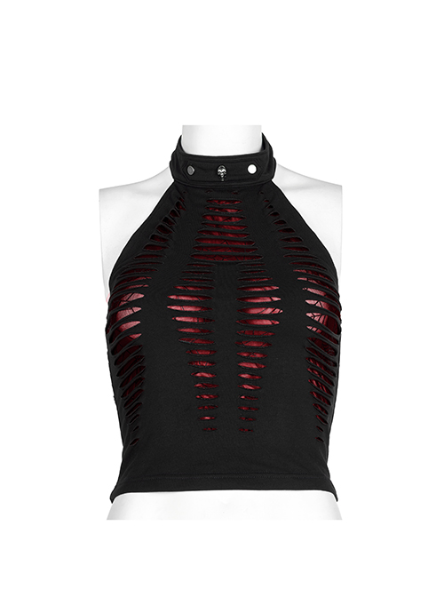 Sexy Black And Red Stretch Knit Stitching Spider Pattern Mesh Adjustable Scarf Punk Style Daily Hollow Sleeveless Vest