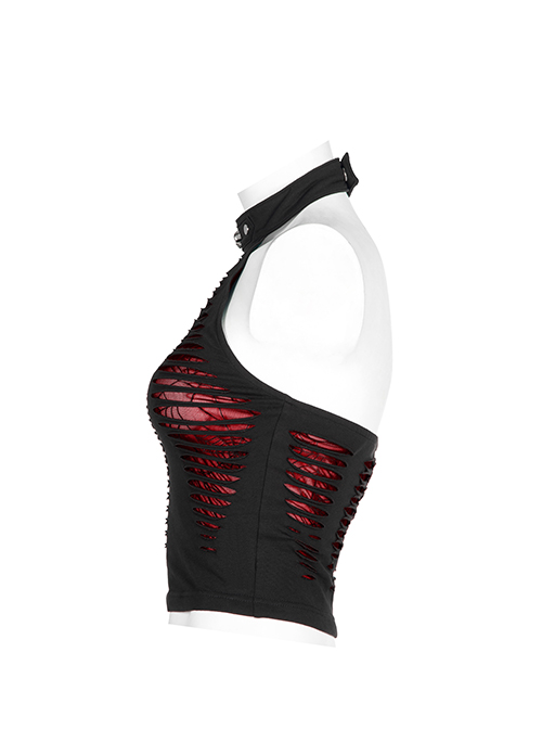 Sexy Black And Red Stretch Knit Stitching Spider Pattern Mesh Adjustable Scarf Punk Style Daily Hollow Sleeveless Vest