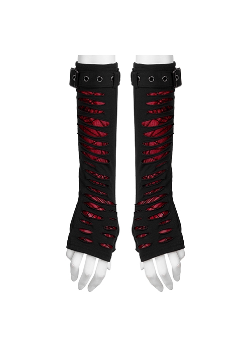 Personalized Black And Red Spider Pattern Mesh Fabric Tailoring Design Cuffs With Removable Metal Rings Gothic Style Gloves