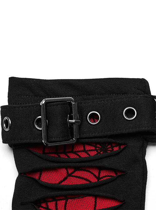 Personalized Black And Red Spider Pattern Mesh Fabric Tailoring Design Cuffs With Removable Metal Rings Gothic Style Gloves