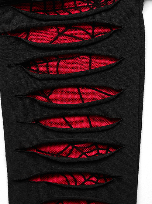 Personalized Black And Red Spider Pattern Mesh Fabric Tailoring Design Cuffs With Removable Metal Rings Gothic Style Gloves