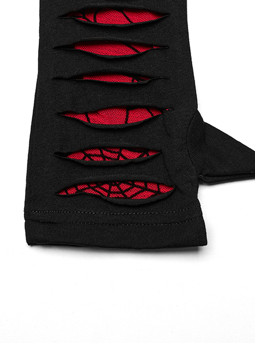 Personalized Black And Red Spider Pattern Mesh Fabric Tailoring Design Cuffs With Removable Metal Rings Gothic Style Gloves