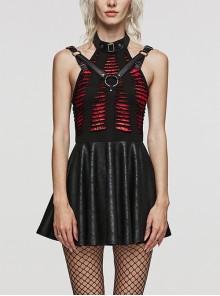 Black And Red Sexy Stretch-Knit Paneled Spider Web Ripped Adjustable Strap Gothic Sleeveless Dress