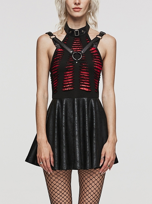 Black And Red Sexy Stretch-Knit Paneled Spider Web Ripped Adjustable Strap Gothic Sleeveless Dress