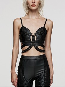 Adjustable Black Embossed Leather Corns With Rope Metal Ring Links Punk Style Sexy Cutout Corset