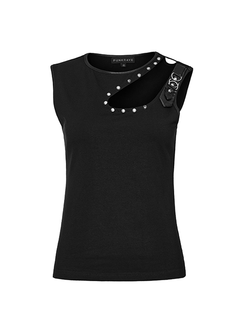 Black Stretch Knit Shoulder Personality Rivet Hollow Out Decoration Punk Style Daily Sleeveless Vest