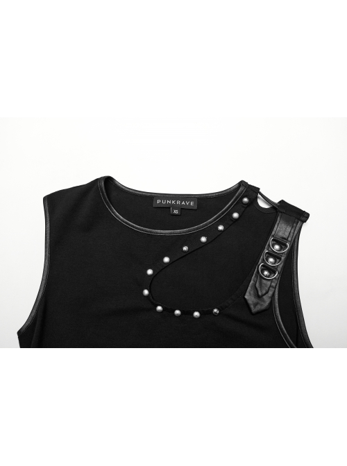 Black Stretch Knit Shoulder Personality Rivet Hollow Out Decoration Punk Style Daily Sleeveless Vest