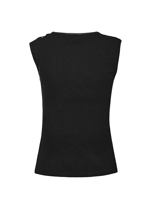Black Stretch Knit Shoulder Personality Rivet Hollow Out Decoration Punk Style Daily Sleeveless Vest