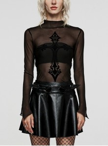 Sexy Slim Fit Black Stretch Mesh Stand-Up Collar Cross Print Gothic Style See-Through Long Sleeved T-Shirt