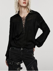 Black Muscular Cotton Sexy Deep V-Neck Velvet Webbing Gothic Style Long-Sleeved Lace Shirt