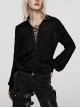Black Muscular Cotton Sexy Deep V-Neck Velvet Webbing Gothic Style Long-Sleeved Lace Shirt