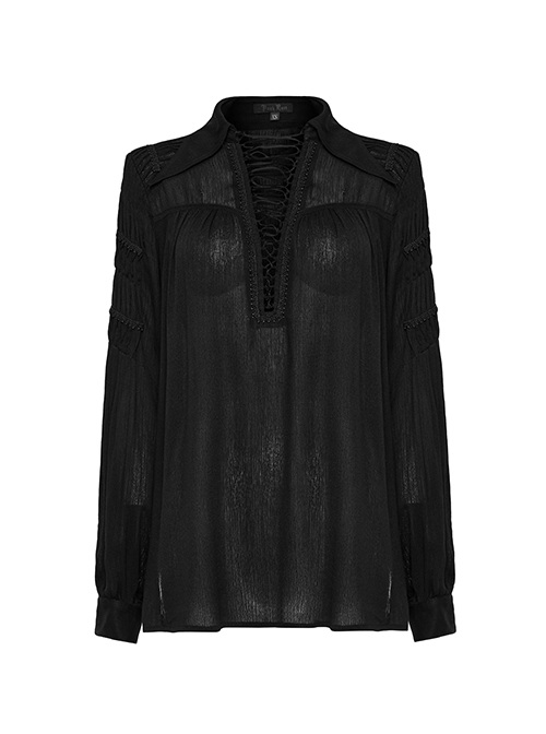 Black Muscular Cotton Sexy Deep V-Neck Velvet Webbing Gothic Style Long-Sleeved Lace Shirt