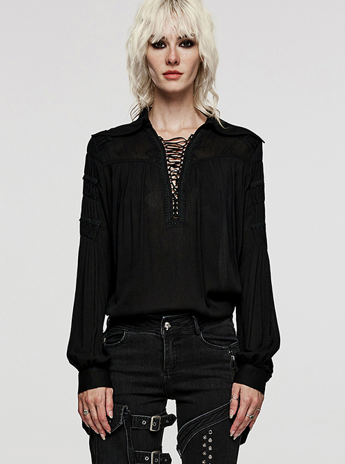 Black Muscular Cotton Sexy Deep V-Neck Velvet Webbing Gothic Style Long-Sleeved Lace Shirt
