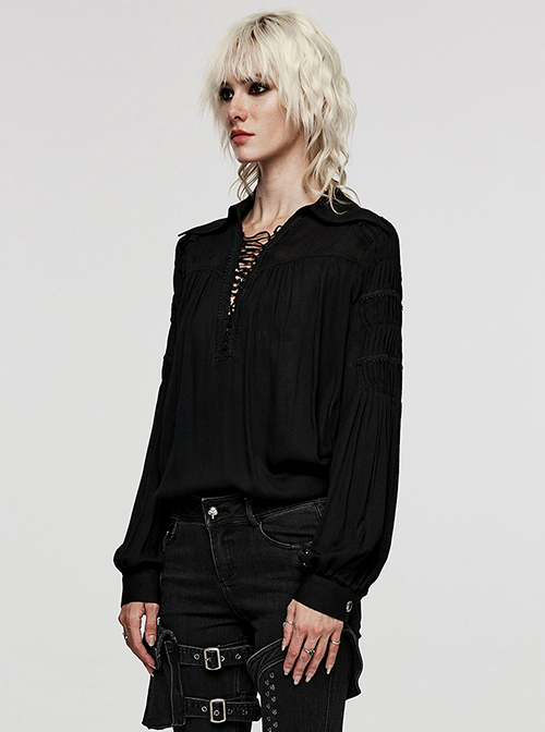 Black Muscular Cotton Sexy Deep V-Neck Velvet Webbing Gothic Style Long-Sleeved Lace Shirt