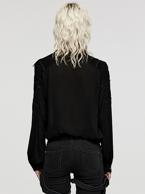 Black Muscular Cotton Sexy Deep V-Neck Velvet Webbing Gothic Style Long-Sleeved Lace Shirt