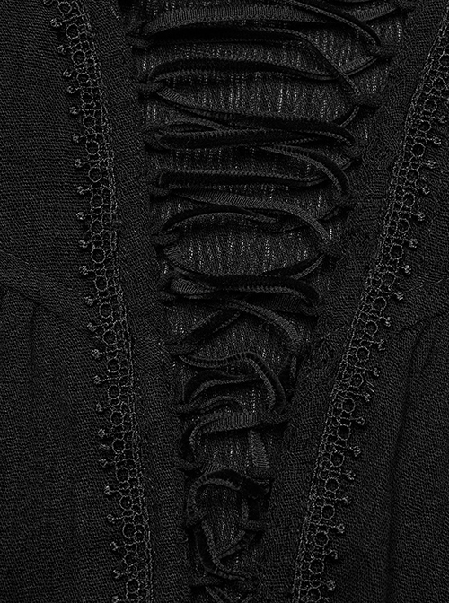 Black Muscular Cotton Sexy Deep V-Neck Velvet Webbing Gothic Style Long-Sleeved Lace Shirt