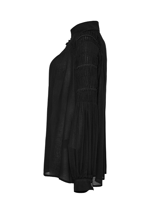 Black Muscular Cotton Sexy Deep V-Neck Velvet Webbing Gothic Style Long-Sleeved Lace Shirt