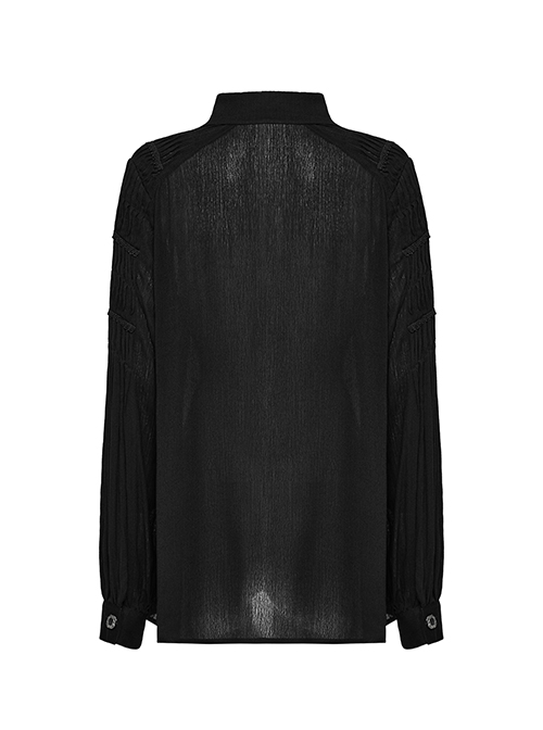 Black Muscular Cotton Sexy Deep V-Neck Velvet Webbing Gothic Style Long-Sleeved Lace Shirt