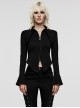 Black Elastic Slim Fit Bat Collar Waisted Personalized Slit Bell Sleeve Gothic Daily Shirt
