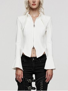 White Elastic Slim Fit Bat Collar Waisted Personalized Slit Bell Sleeve Gothic Daily Shirt