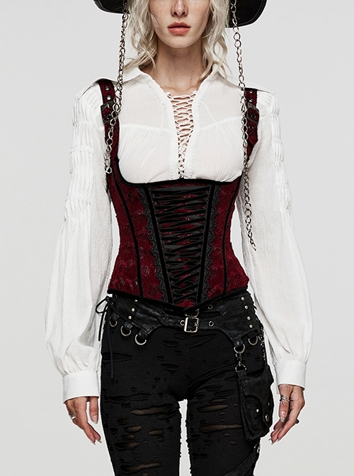 Adjustable Sexy Black Red Rose Pattern Horse Hair Front And Back Rope Gothic Corset