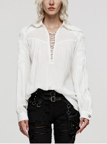 White Muscular Cotton Sexy Deep V-Neck Velvet Webbing Gothic Style Long-Sleeved Lace Shirt