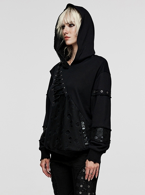 Black Stretch Knit Mid-Front Cross-Printed Metal Eyelet Lace-Up Punk Style Long Sleeved Hooded Jacket