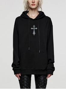 Simple Black Stretch Knit Mid-Front Cross Print Punk Style Long Sleeved Hooded Jacket