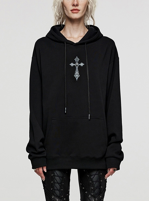 Simple Black Stretch Knit Mid-Front Cross Print Punk Style Long Sleeved Hooded Jacket