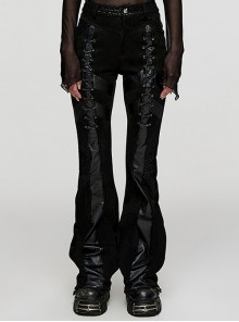Black Micro-Elastic Leather Stitching Glued Split Metal Eyelets With Rope Mesh Design Punk Style Flared Pants