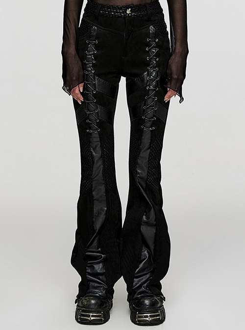 Black Micro-Elastic Leather Stitching Glued Split Metal Eyelets With Rope Mesh Design Punk Style Flared Pants