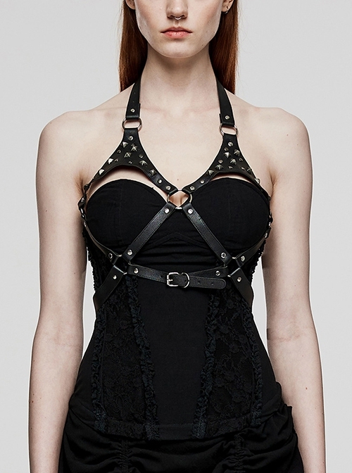 Black PU Leather Metal Ring Link Hanging Neck Alloy Pointed Cone Decoration Punk Style Sexy Harness