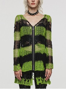 Soft Black And Green Wool Zippered Irregular Punk Style Ripped Cardigan Long-Sleeved Sweater