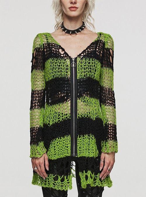 Soft Black And Green Wool Zippered Irregular Punk Style Ripped Cardigan Long-Sleeved Sweater