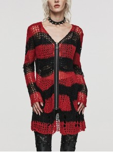 Soft Black And Red Wool Woven Zipper Ghost Head Irregular Punk Style Ripped Cardigan Long-Sleeved Sweater
