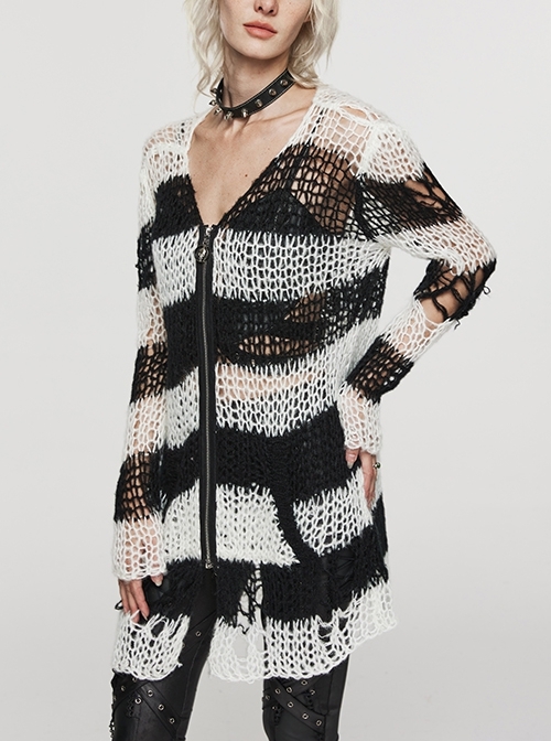 Soft Black And White Wool Zippered Irregular Punk Style Ripped Cardigan Long Sleeved Sweater