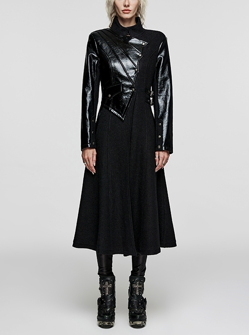 Creative Black Leather Spliced Wool Special-Shaped Pattern Side Pockets And String Gothic Style Long Sleeved Thick Coat