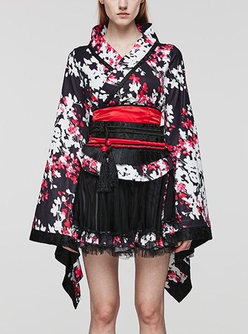 Black And White Micro-Elastic Woven Sexy Gothic Style Fluffy Skirt With Bow Decoration At The Waist And Printed Long-Sleeved Top Suit