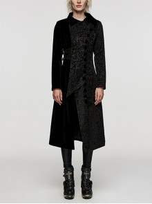 Asymmetric Black Jacquard-Paneled Velveteen Stand-Up Collar And Rope-Fitting Gothic Double-Piece Jacket