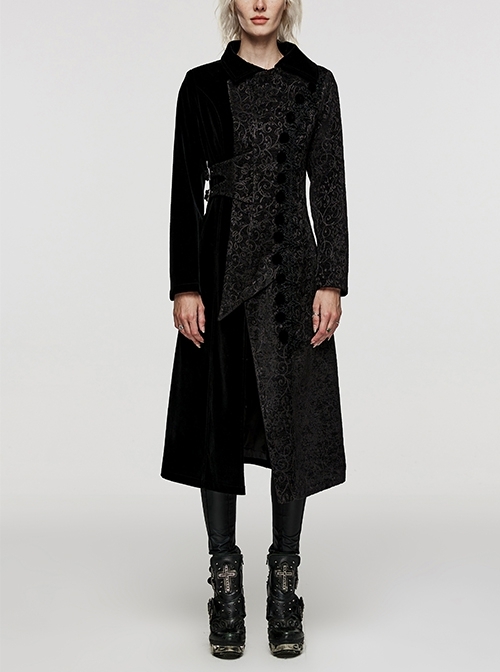 Asymmetric Black Jacquard-Paneled Velveteen Stand-Up Collar And Rope-Fitting Gothic Double-Piece Jacket