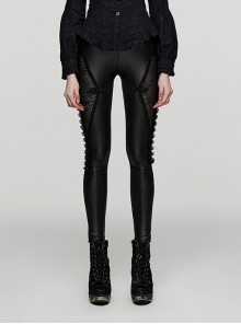 Black Stretch Knitted Mesh Split Hem With Delicate Embroidery Design Gothic Slim Fit Leggings