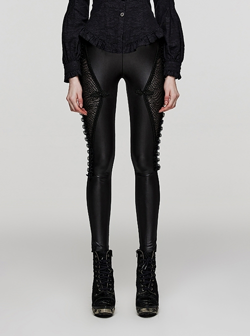 Black Stretch Knitted Mesh Split Hem With Delicate Embroidery Design Gothic Slim Fit Leggings