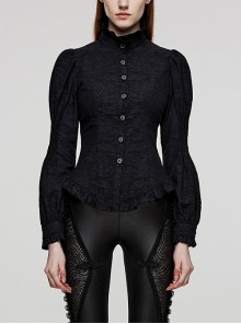 Daily Black Jacquard Woven Stand Collar Rope Back Gothic Puff Sleeve Pleated Shirt