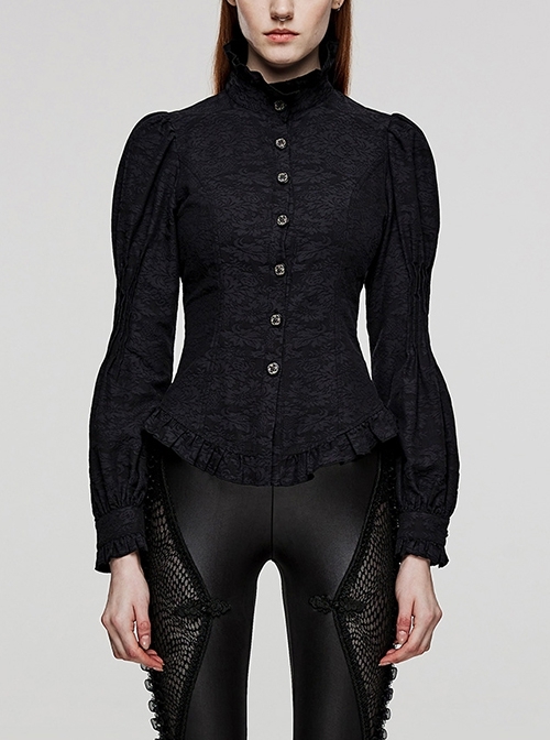 Daily Black Jacquard Woven Stand Collar Rope Back Gothic Puff Sleeve Pleated Shirt